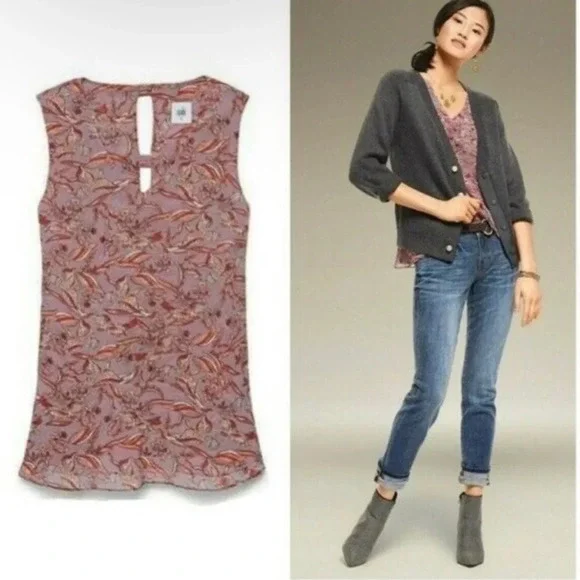 CAbi Peplum Novelty Good Luck Crane Print Sleeveless Top - Picture 1 of 7